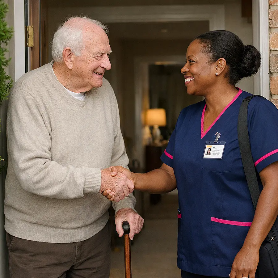 Realistic front door scene where an elderly White man with a walking stick greets a smiling Black female caregiver in a 00072b tunic with e51974 accent both shaking hands warmly as she arrives for a home visit.