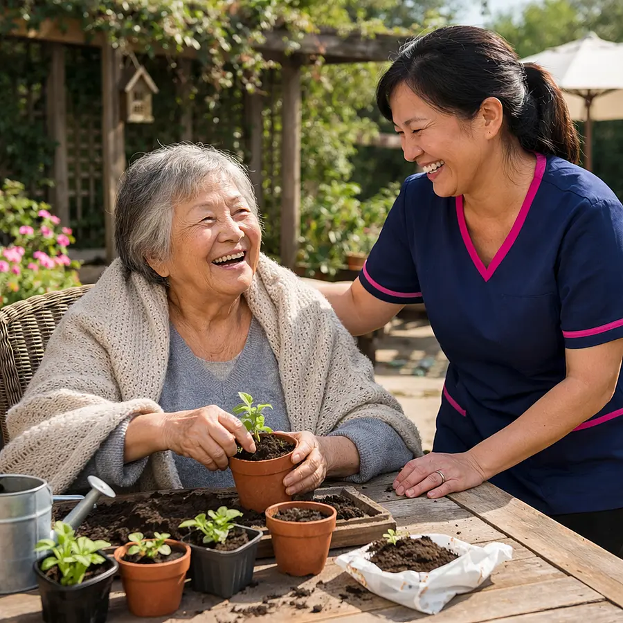 Realistic garden patio scene where an elderly Asian woman sits in a chair with a blanket potting small plants on a table supported by an Asian female caregiver in a 00072b tunic with e51974 trim both laughing together in gentle sunshine.