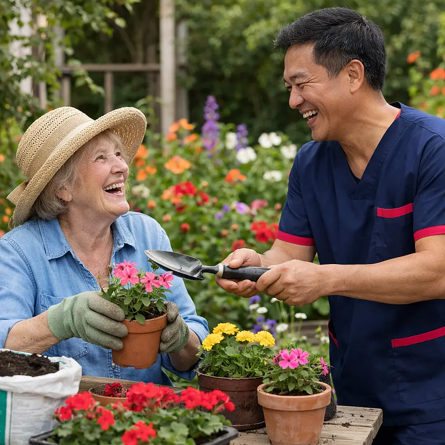 Realistic garden scene of an elderly white woman in a sun hat potting plants on a table while an Asian male caregiver in a 00072b tunic with e51974 accents passes her a trowel both laughing together bright flowers around them sense of shared enjoyment.