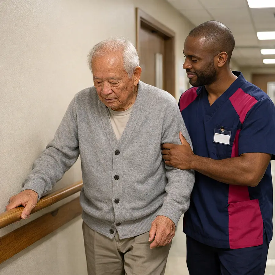 Realistic hallway image with an elderly Asian man using handrails while a Black male caregiver in a 00072b tunic with e51974 panels walks beside him offering steady arm support both concentrating yet encouraged demonstrating reablement after a fall.