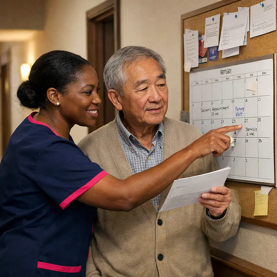 Realistic hallway scene with a Black female caregiver in a 00072b tunic with e51974 accents helping an elderly Asian man check his post and calendar on the wall both reviewing appointments together mood practical yet warm and reassuring.