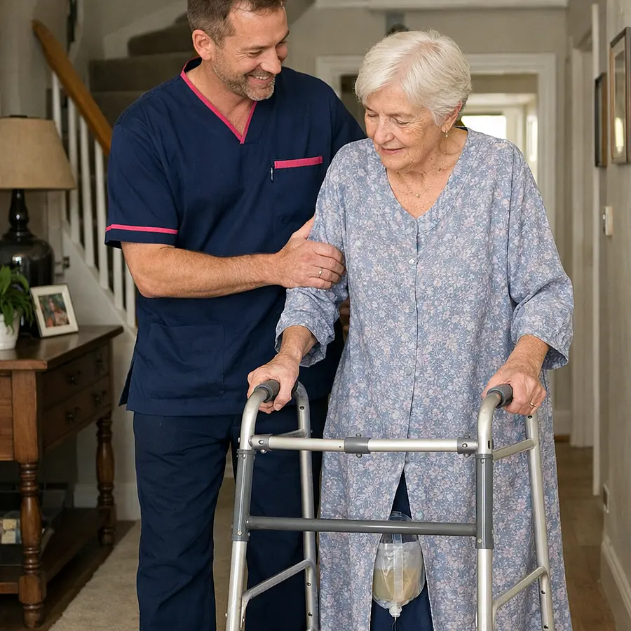 Realistic hallway scene with a white male caregiver in a 00072b tunic with e51974 trim guiding an older white woman with a frame discreet catheter visible under a long dress both focused yet positive showing early rehabilitation at home.