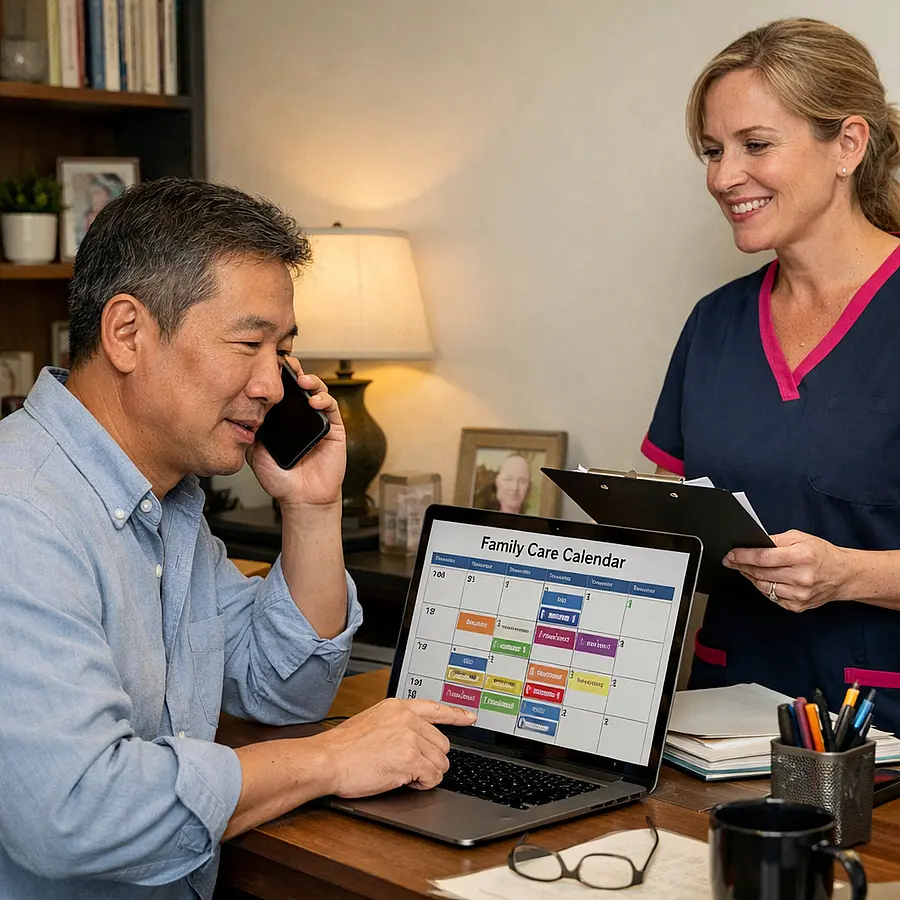 Realistic home office scene of a middle aged Asian man checking a family calendar on his laptop while talking by phone to a white female caregiver in a 00072b tunic with e51974 trim coordinating his elderly mothers visits atmosphere organised and reassuring.