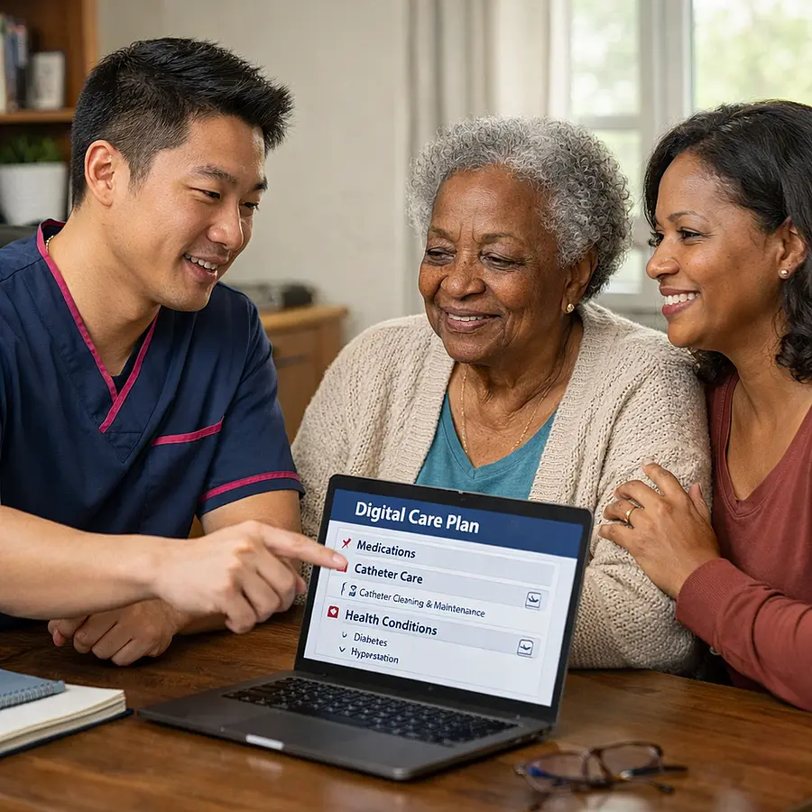 Realistic home office scene of an Asian male caregiver in a 00072b tunic with e51974 trim reviewing a digital care plan on a laptop beside an elderly black woman and her daughter discussing how catheter care fits with her other conditions all engaged and reassured.