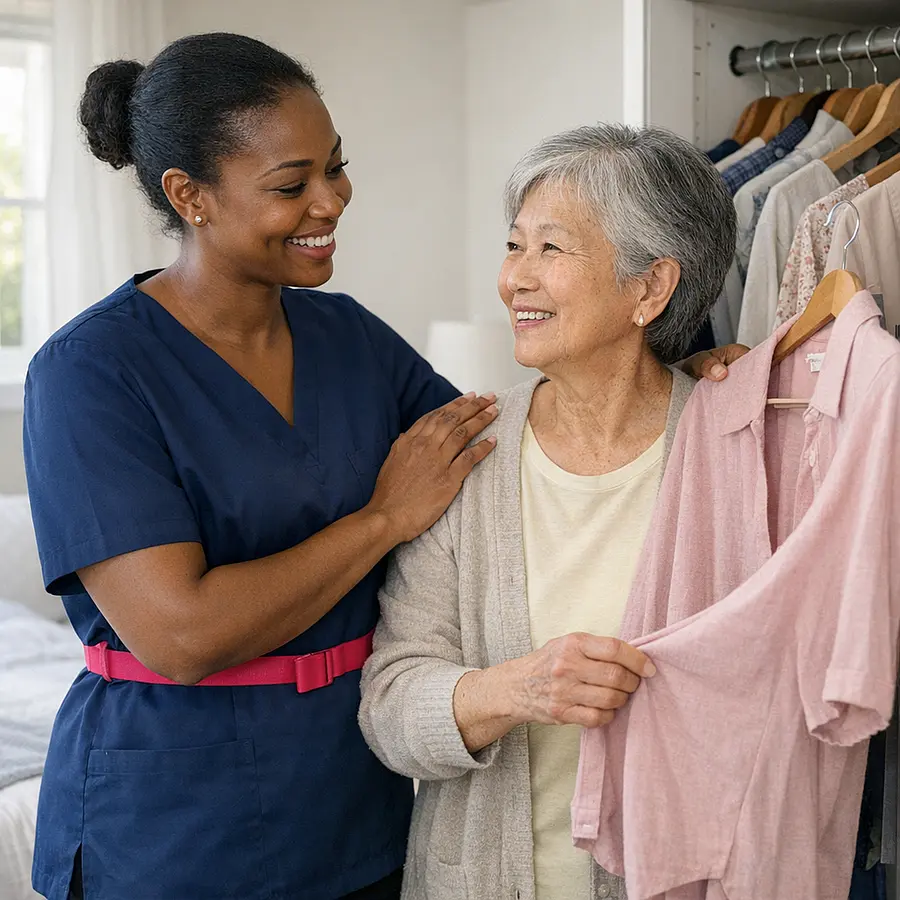 Realistic image of a Black female caregiver in 00072b tunic with e51974 belt helping an older Asian woman choose clothes from a wardrobe in a bright bedroom chatting and smiling illustrating gentle support with personal care and confidence.