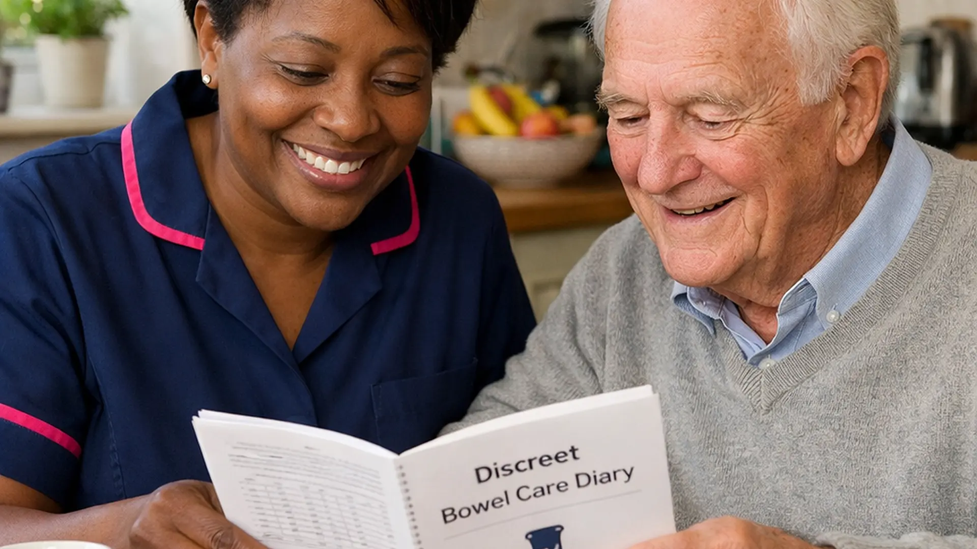 Realistic image of a Black female caregiver in a 00072b tunic with e51974 trim carefully helping a frail elderly man to read a bowel care diary