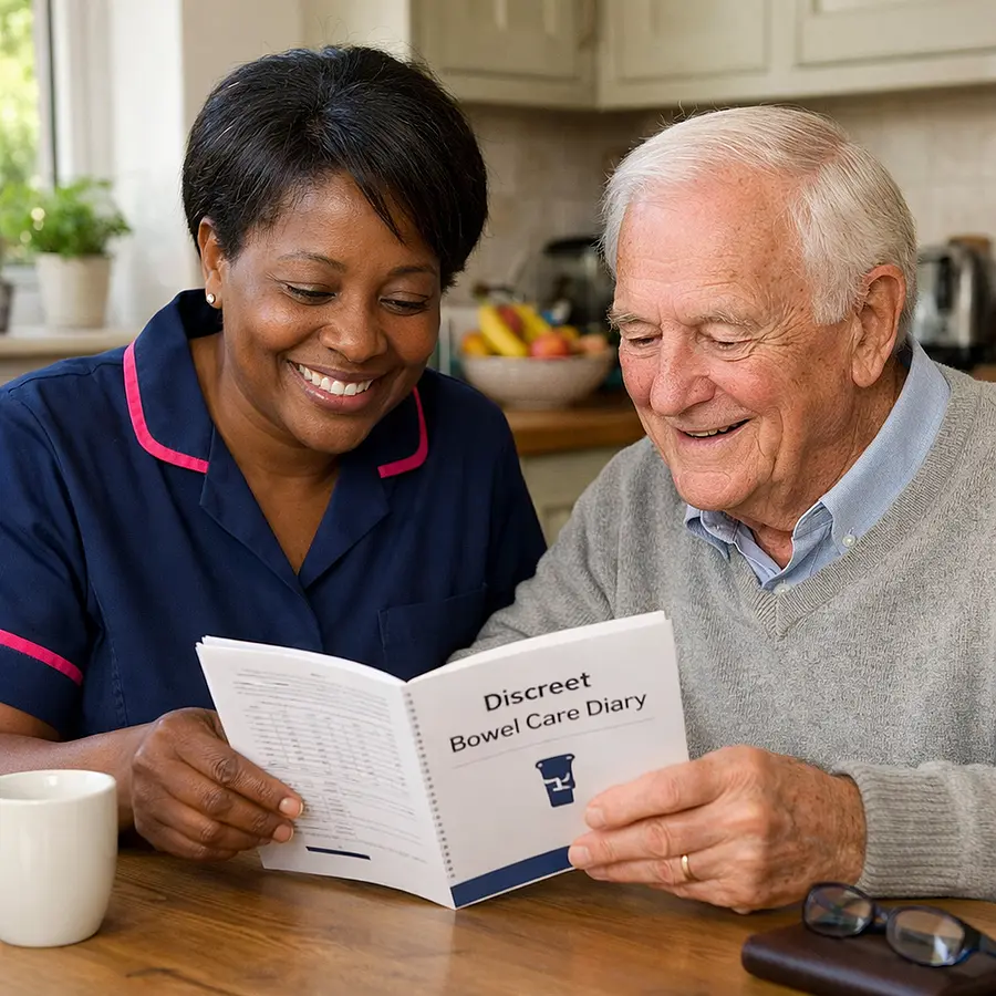 Realistic image of a Black female caregiver in a 00072b tunic with e51974 trim carefully helping a frail elderly man to read a bowel care diary