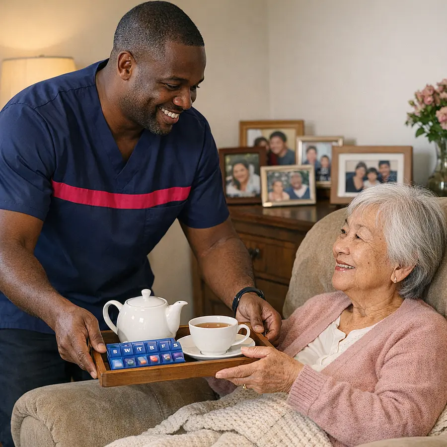 Realistic image of a Black male caregiver in a 00072b tunic with e51974 stripe bringing a tray with tea and medication organiser to an elderly Asian woman relaxing in her favourite armchair family photos around showing comfort of staying at home.