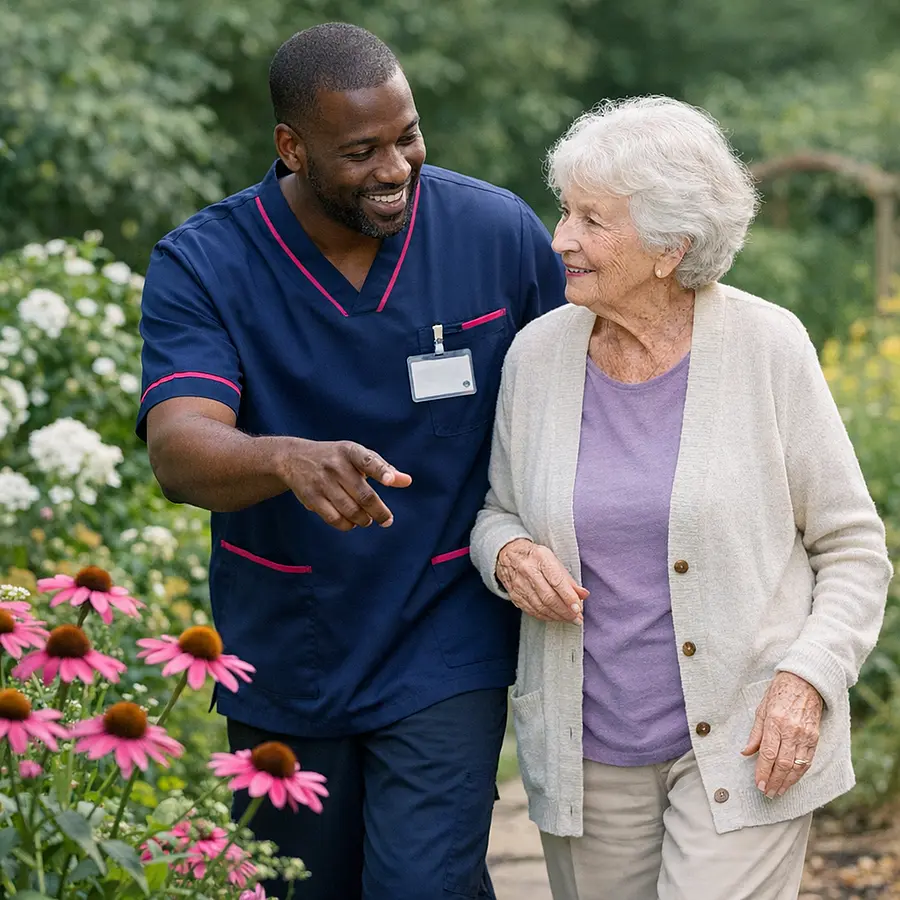 Realistic image of a Black male caregiver in a 00072b tunic with e51974 accents walking slowly in a garden with an elderly white woman pointing out flowers while they talk about lifestyle and health conveying gentle encouragement and prevention awareness.