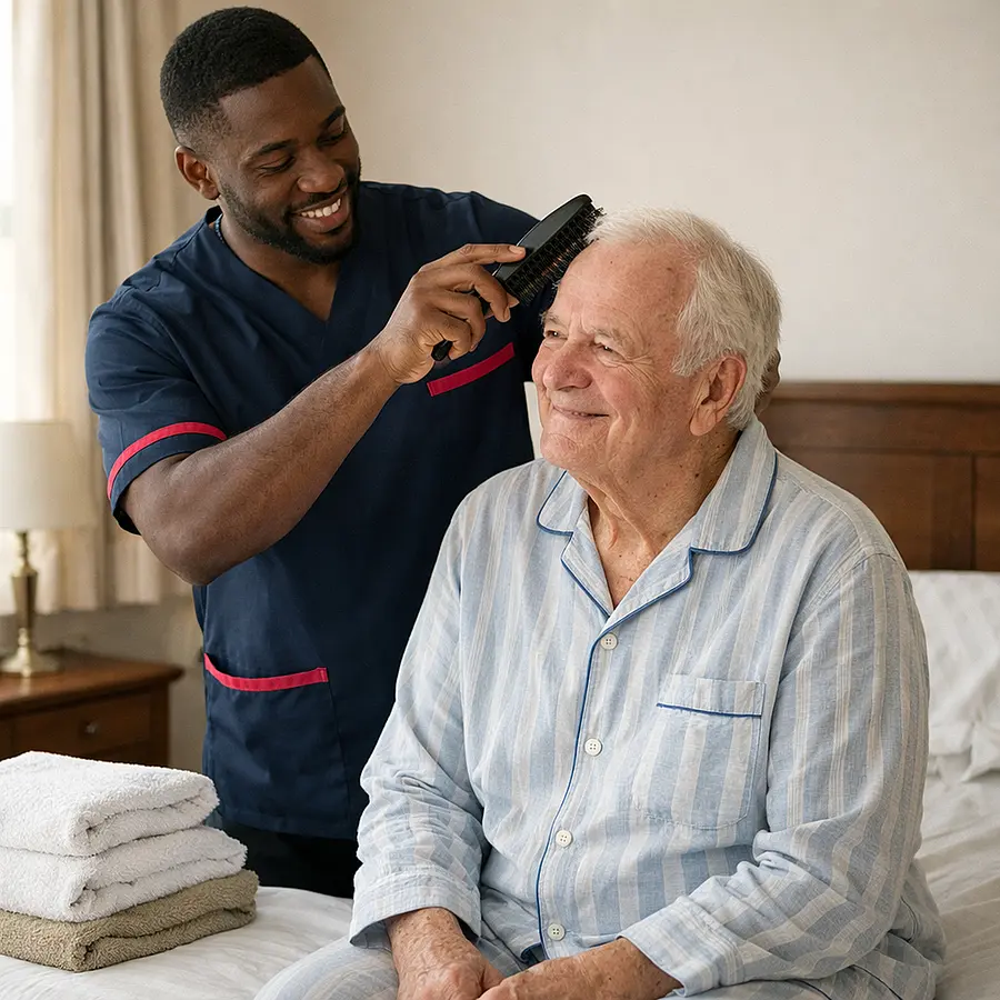 Realistic image of a Black male caregiver in a 00072b tunic with e51974 accents gently brushing an older white mans hair while he sits on the edge of the bed in pyjamas both sharing a quiet smile soft morning light and neatly folded towels visible.