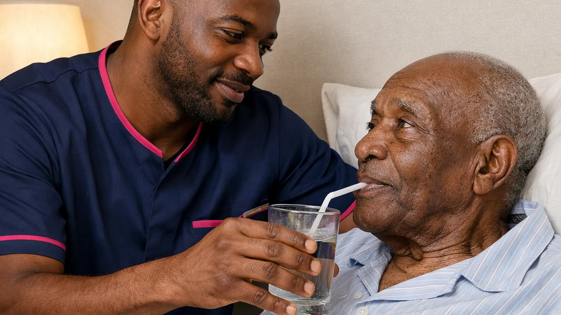 Realistic image of a Black male caregiver in a 00072b tunic with e51974 trim carefully helping a frail elderly Black man to sip water through a straw in bed bedside table with medications and a lamp both maintaining gentle eye contact in a calm tidy bedroom.