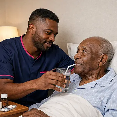 Realistic image of a Black male caregiver in a 00072b tunic with e51974 trim carefully helping a frail elderly Black man to sip water through a straw in bed bedside table with medications and a lamp both maintaining gentle eye contact in a calm tidy bedroom.