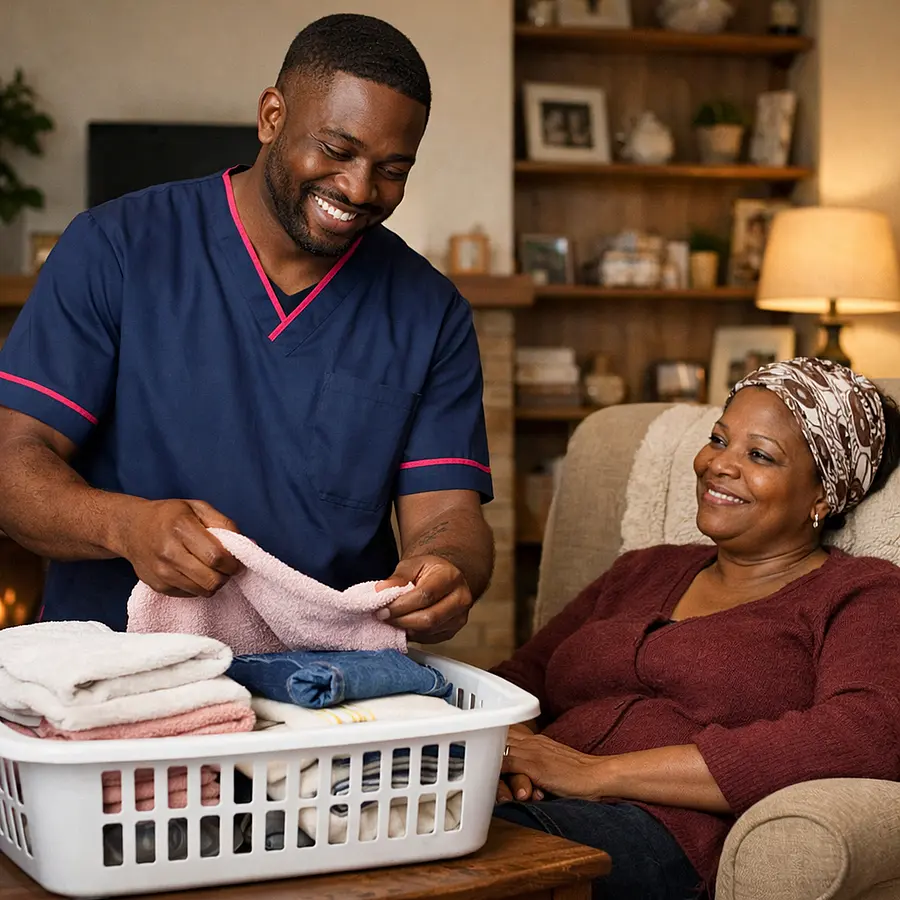 Realistic image of a black male caregiver in a 00072b tunic with e51974 trim folding laundry in a cosy lounge while a middle aged black woman with a headscarf rests in an armchair nearby both exchanging relaxed smiles.