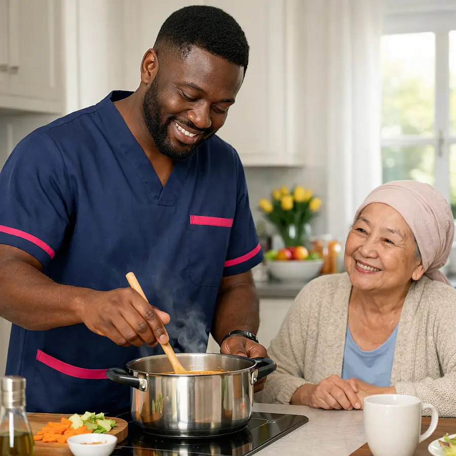 Realistic image of a black male caregiver in a 00072b tunic with e51974 accent cooking soup in a bright kitchen while an older Asian woman with a headscarf sits at the table watching and smiling.