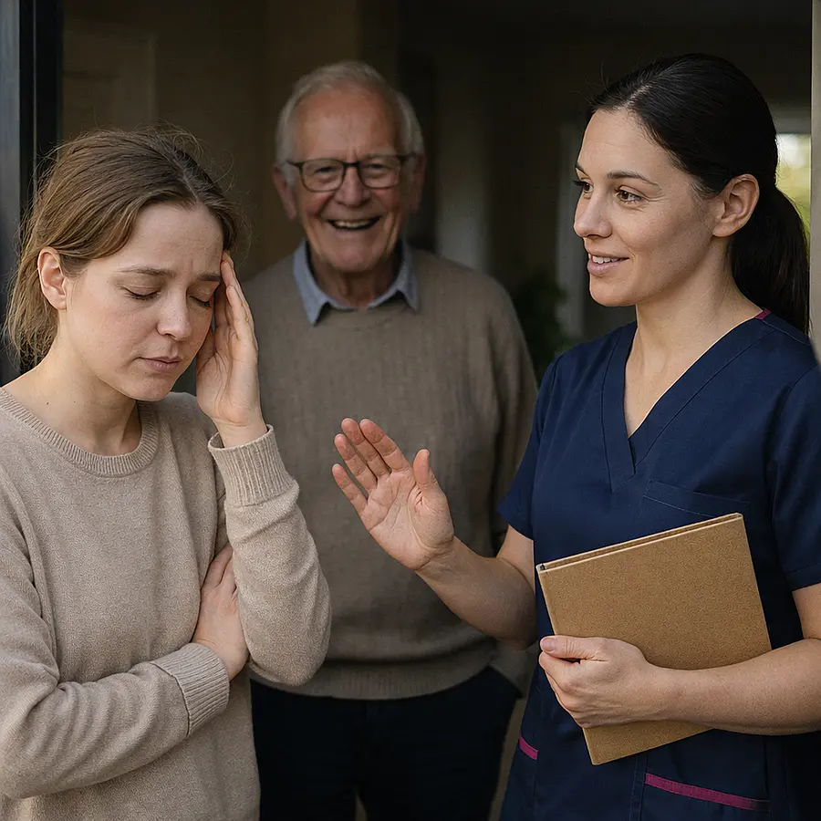 Realistic image of a caucasian caregiver in a 00072b tunic with e51974 accent reassuring a tired looking adult daughter at the front door while the older parent smiles from inside caregiver holding a folder and gesturing that theyll take over afternoon light creating a hopeful supportive mood.