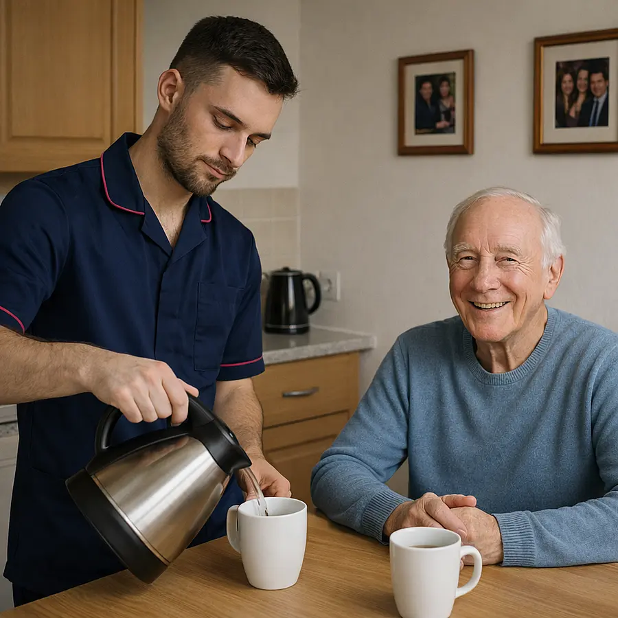 Realistic image of a caucasian male caregiver in a 00072b tunic with e51974 piping preparing tea in a home kitchen while an older man with early Alzheimers sits at the table smiling and relaxed family photos visible in the background to emphasize familiarity and homely surroundings.