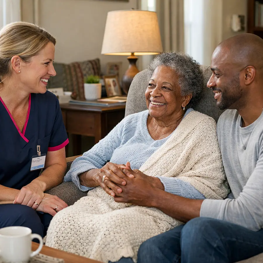 Realistic image of a family living room where an elderly Black woman sits in an armchair with a blanket holding hands with her adult son while a White female caregiver in a 00072b tunic with e51974 accent chats with them warmly everyone appearing connected and supported.