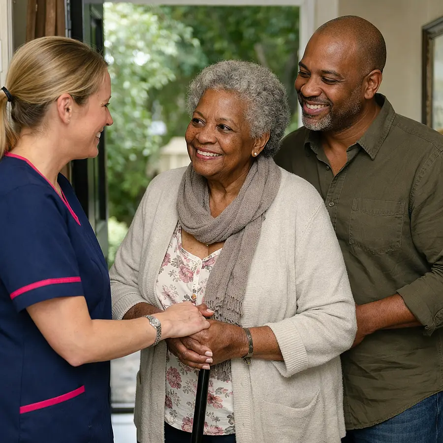 Realistic image of a female caregiver in a 00072b tunic with e51974 trim carefully helping a frail elderly Black lady and her son with a gentle greeting
