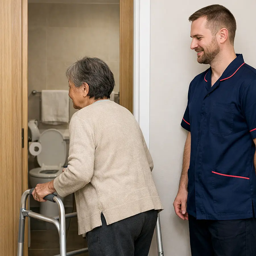 Realistic image of a male caregiver in a 00072b tunic with e51974 trim carefully helping a frail elderly woman the bathroom using a support aid