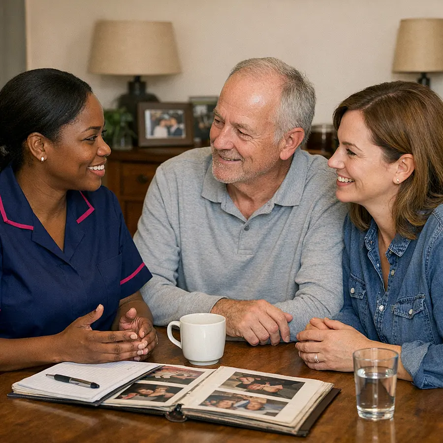 Realistic image of a mixed group Black female caregiver in a 00072b tunic with e51974 trim chatting at a dining table with a middle aged white man and his adult daughter discussing family history and support options with warm inclusive atmosphere.