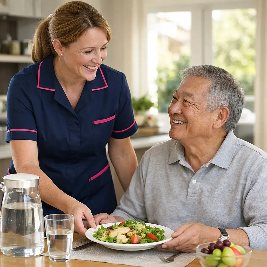 Realistic image of a white female caregiver in a 00072b tunic with e51974 accents serving a light healthy lunch to an older Asian man at a dining table water jug nearby to encourage hydration both chatting warmly sunlit kitchen diner.