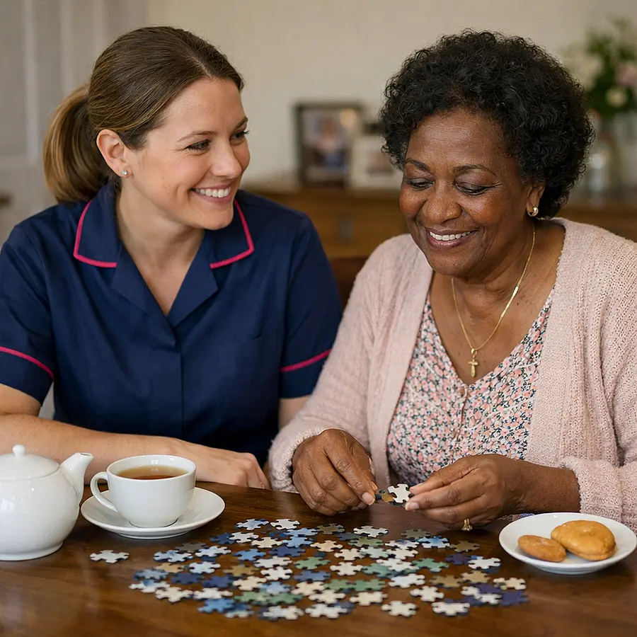 Realistic image of a white female caregiver in a 00072b tunic with e51974 piping sitting at a dining table with a black woman sharing tea and a jigsaw puzzle both smiling softly representing meaningful everyday moments.