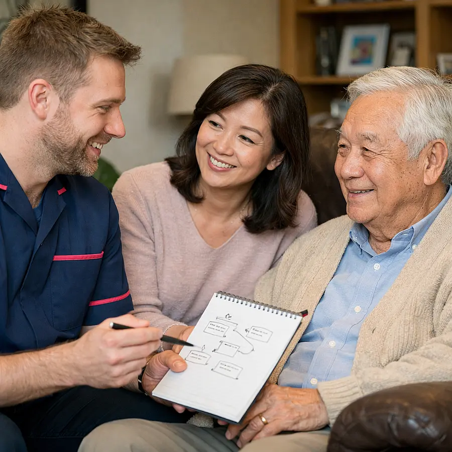 Realistic image of a white male caregiver in a 00072b tunic with e51974 detail talking with a middle aged Asian woman and her elderly father in a recliner caregiver using a notepad to explain a care plan the family looking reassured and engaged in their living room.