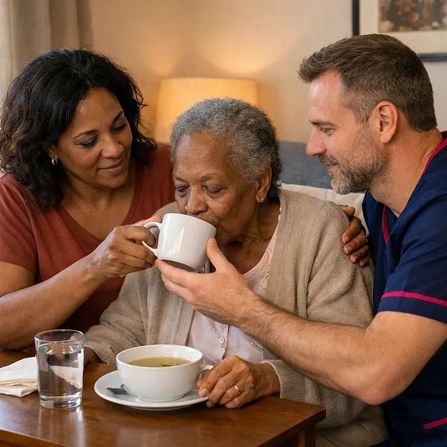 Realistic image of a white male caregiver in a 00072b tunic with e51974 details assisting a middle aged Black daughter to help her frail mother sip soup from a mug with a handle all three at a bedside table warm afternoon light caring and collaborative atmosphere.