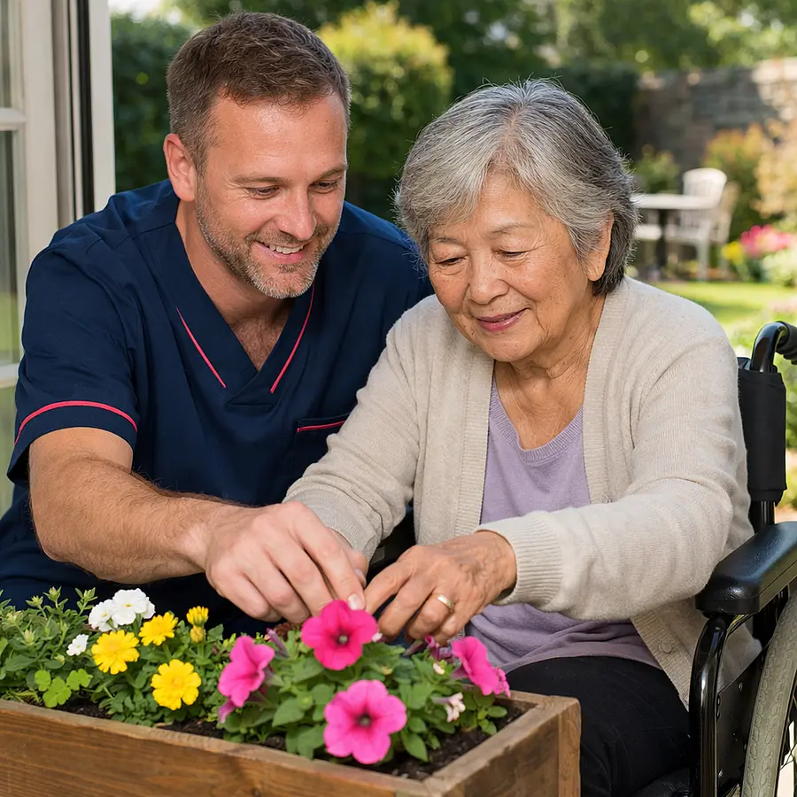 Realistic image of a white male caregiver in a 00072b tunic with e51974 details sitting beside an elderly Asian woman in a wheelchair near open patio doors both looking at a planter box of flowers caregiver helping her touch the petals sunny garden visible outside.