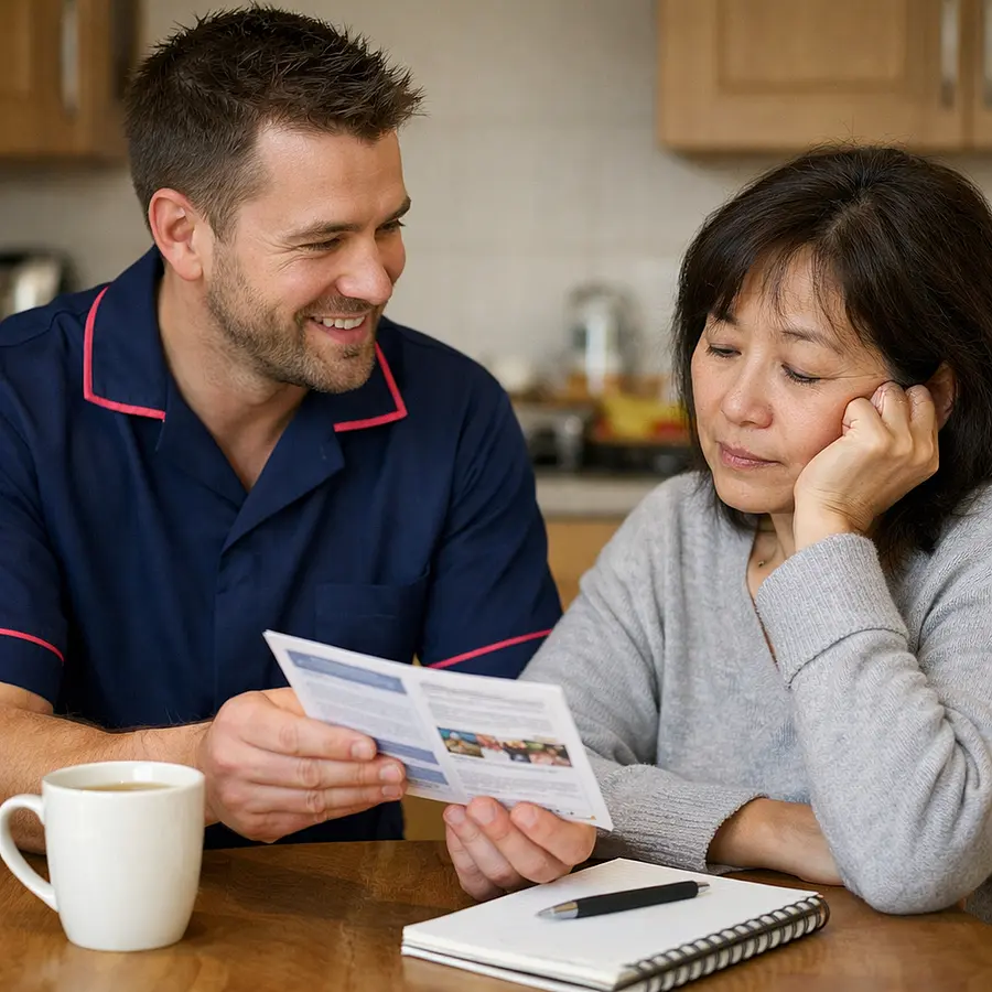 Realistic image of a white male caregiver in a 00072b tunic with e51974 piping talking kindly with a tired looking middle aged Asian woman at her kitchen table caregiver offering a leaflet and a warm smile mug of tea and notepad nearby.