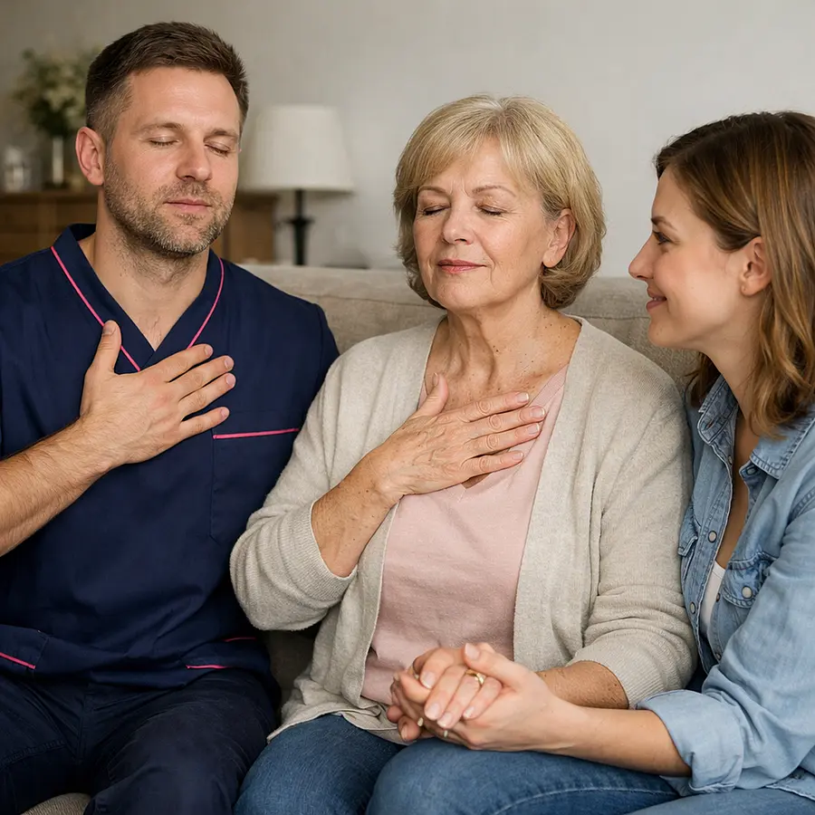 Realistic image of a white male caregiver in a 00072b tunic with e51974 piping showing a calm breathing exercise to a white woman while her adult daughter sits nearby holding her hand all appearing connected and reassured.