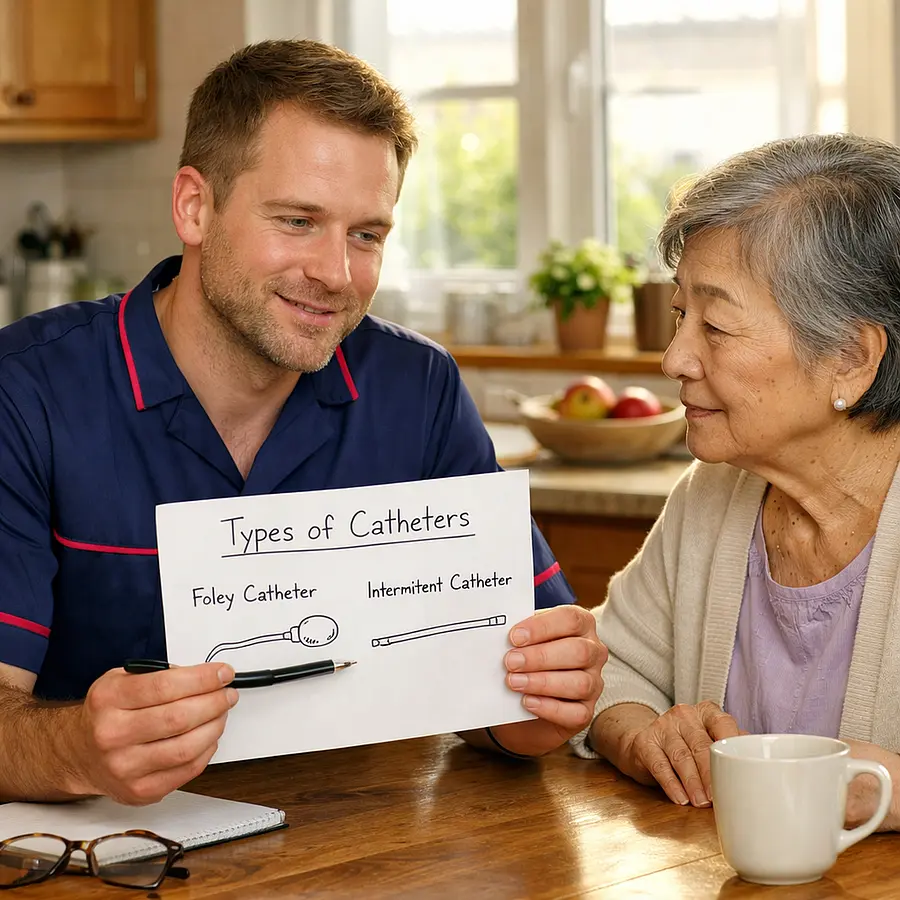 Realistic image of a white male caregiver in a 00072b tunic with e51974 accents sitting at a kitchen table with an older Asian woman calmly explaining the difference between catheter types using a simple diagram warm daylight and a friendly reassuring atmosphere.
