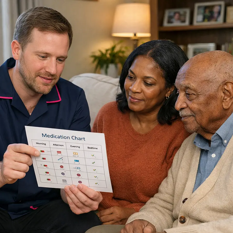 Realistic image of a white male caregiver in a 00072b tunic with e51974 trim showing a simple medication chart to a middle aged Black woman and her elderly father in their lounge all focused and relaxed cosy home environment.