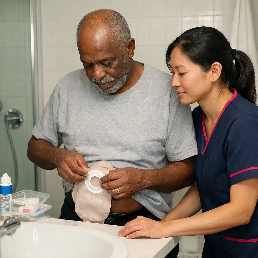Realistic image of an Asian female caregiver in a 00072b tunic with e51974 details guiding an older Black man to practise his own stoma bag change at a bathroom sink caregiver supervising closely but allowing independence both focused and calm.