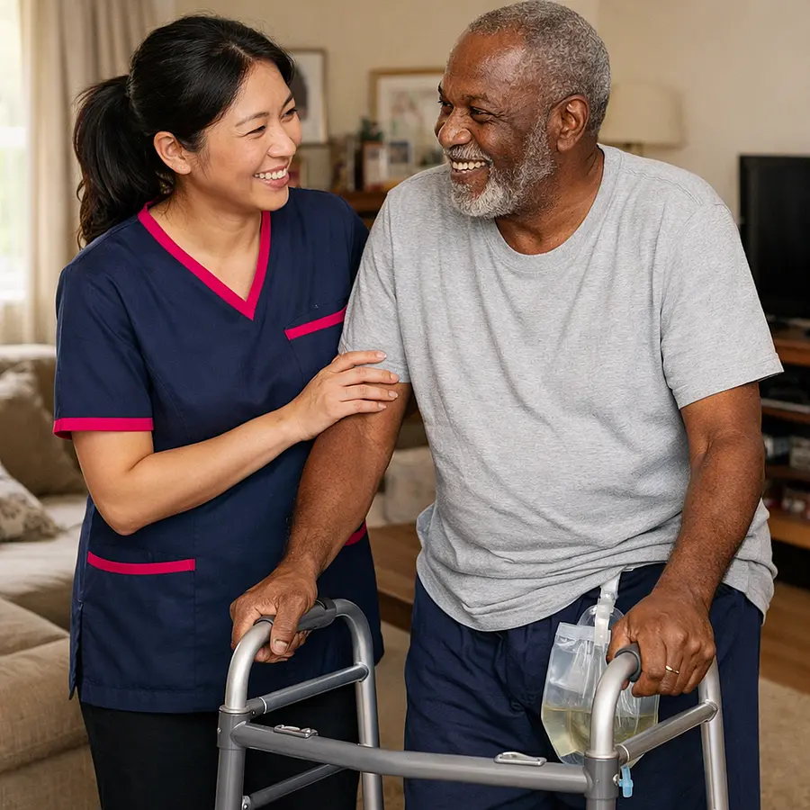 Realistic image of an Asian female caregiver in a 00072b tunic with e51974 accents supporting an older black gentleman using a walking frame in his lounge a discreet catheter bag visible under loose clothing both relaxed and chatting.