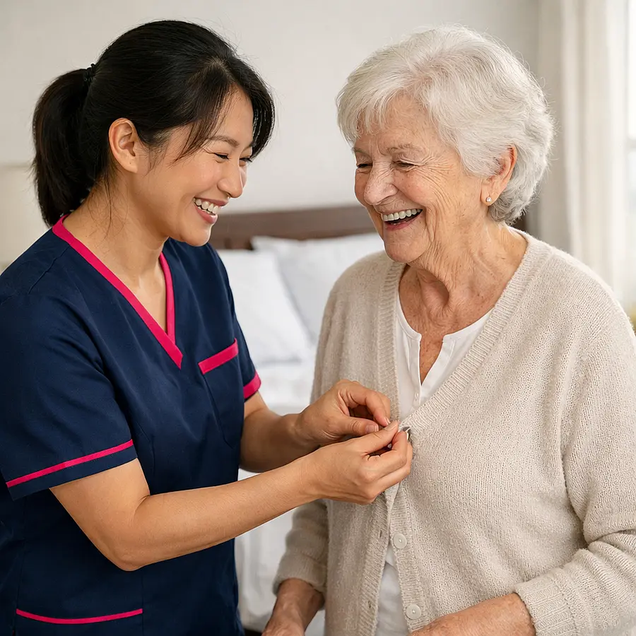 Realistic image of an Asian female caregiver in a 00072b tunic with e51974 details helping an elderly white woman button a cardigan in a bright bedroom freshly made bed behind them both laughing gently atmosphere respectful and uplifting.