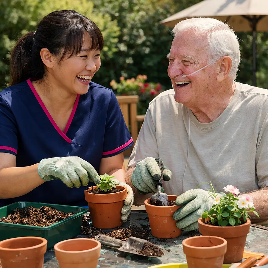Realistic image of an Asian female caregiver in a 00072b tunic with e51974 trim helping an older white man pot small plants on a sunny patio table both laughing and relaxed illustrating hobbies supported during lung cancer care.