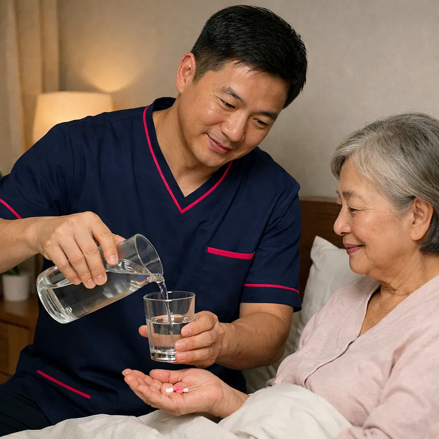 Realistic image of an Asian male caregiver in a 00072b tunic with e51974 trim pouring a glass of water and offering medication to an older Asian woman in bed with soft lighting and a caring attentive expression.