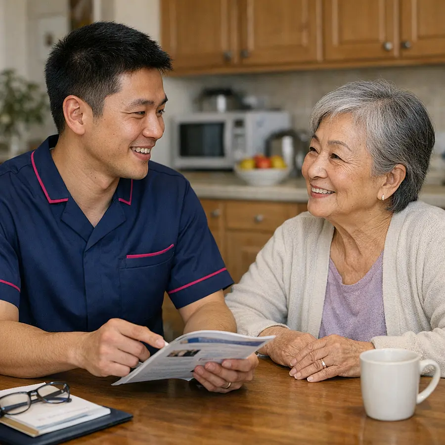 Realistic image of an Asian male caregiver in a 00072b tunic with e51974 piping sitting with an older Asian woman at her kitchen table both relaxed and engaged showing educational reassuring home support.