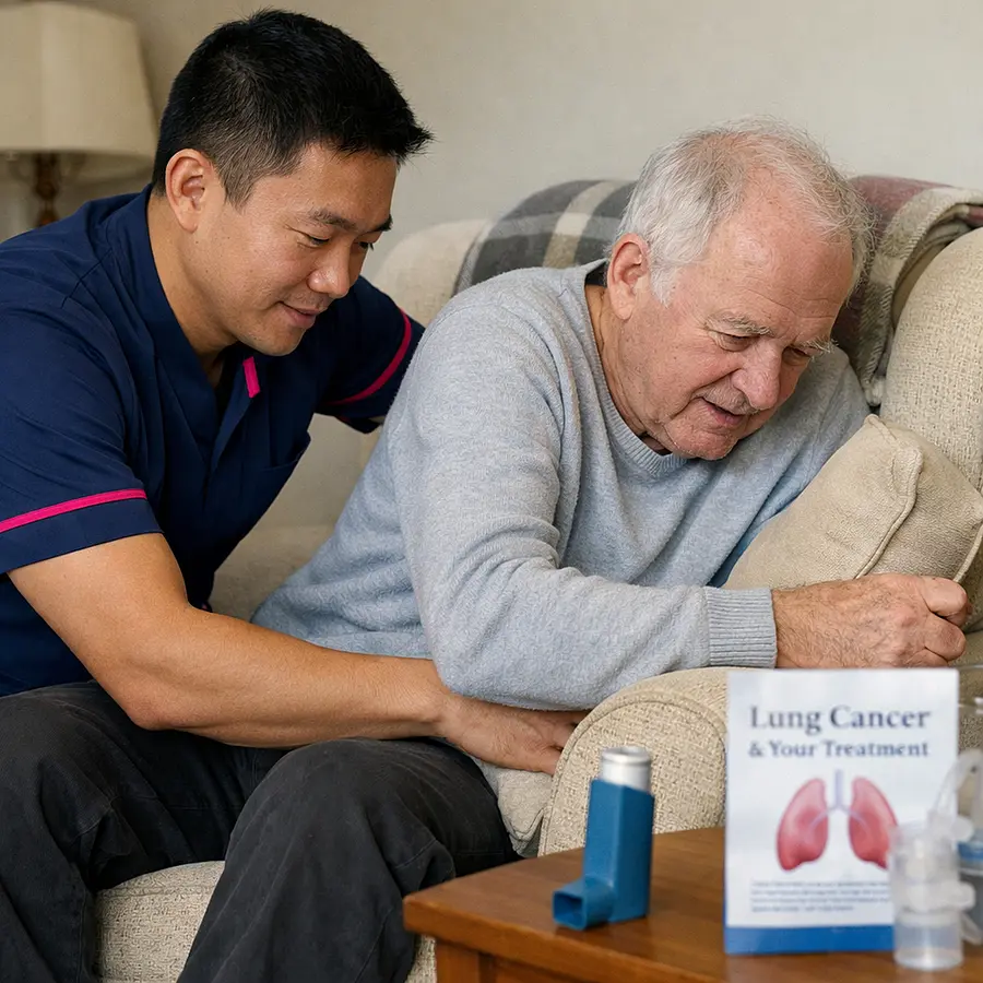 Realistic image of an Asian male caregiver in a 00072b tunic with e51974 accent helping an older white man adjust cushions in an armchair with an inhaler and treatment information on a side table illustrating day to day impact of lung cancer.