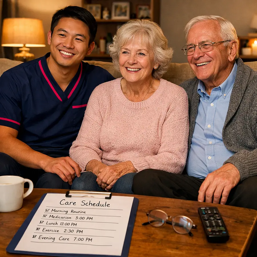 Realistic image of an Asian male caregiver in a 00072b tunic with e51974 accents sitting on the sofa with an elderly white couple all watching television together and smiling a written care schedule visible on the coffee table cosy lighting in the living room.