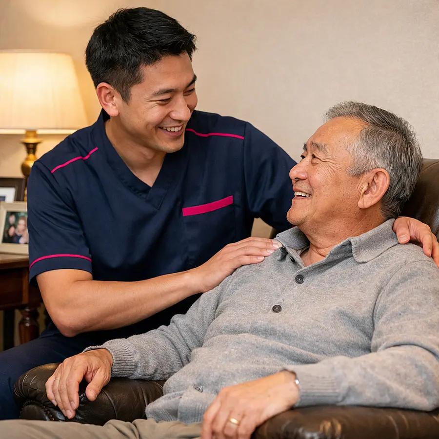 Realistic image of an Asian male caregiver in a 00072b tunic with e51974 accents helping an older Asian man sit comfortably in an armchair at home with a cosy lamp and family photos in the background both looking relaxed and engaged in conversation.