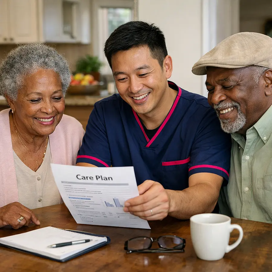 Realistic image of an Asian male caregiver in a 00072b tunic with e51974 trim sitting at a dining table with an elderly Black couple going through a care plan document together all three smiling and engaged in discussion.