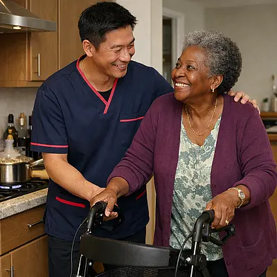 Realistic image of an Asian male caregiver in a 00072b tunic with e51974 accents supporting an older black woman as she uses a rollator in her kitchen a pot simmering on the hob both smiling demonstrating integrated mobility and daily living support.