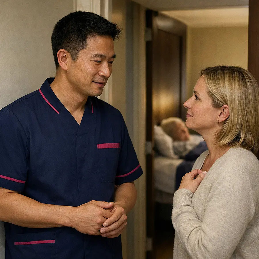 Realistic image of an Asian male caregiver in a 00072b tunic with e51974 accents standing in a hallway with an adult white daughter both speaking quietly and reassuringly before he enters a bedroom where an elderly person rests soft lighting and calm respectful atmosphere.