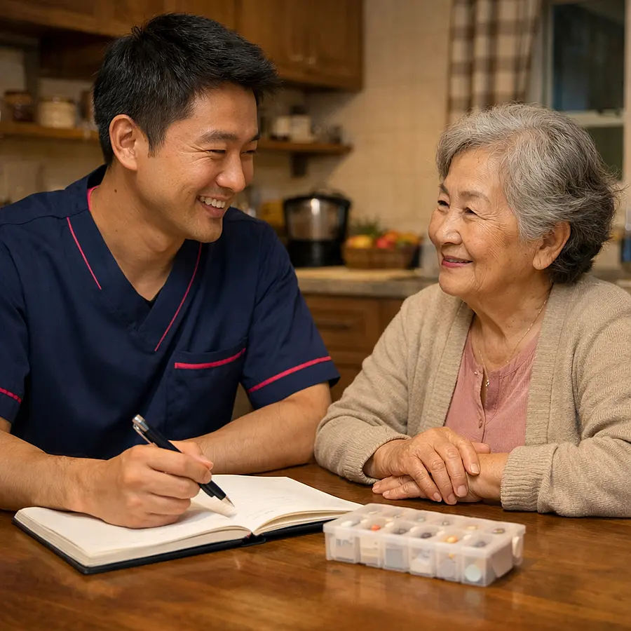 Realistic image of an Asian male caregiver in a 00072b tunic with e51974 accents sitting at a kitchen table with an elderly Asian woman a notebook and medication box between them both smiling gently as they talk through her wishes warm kitchen lighting creating a homely feeling.