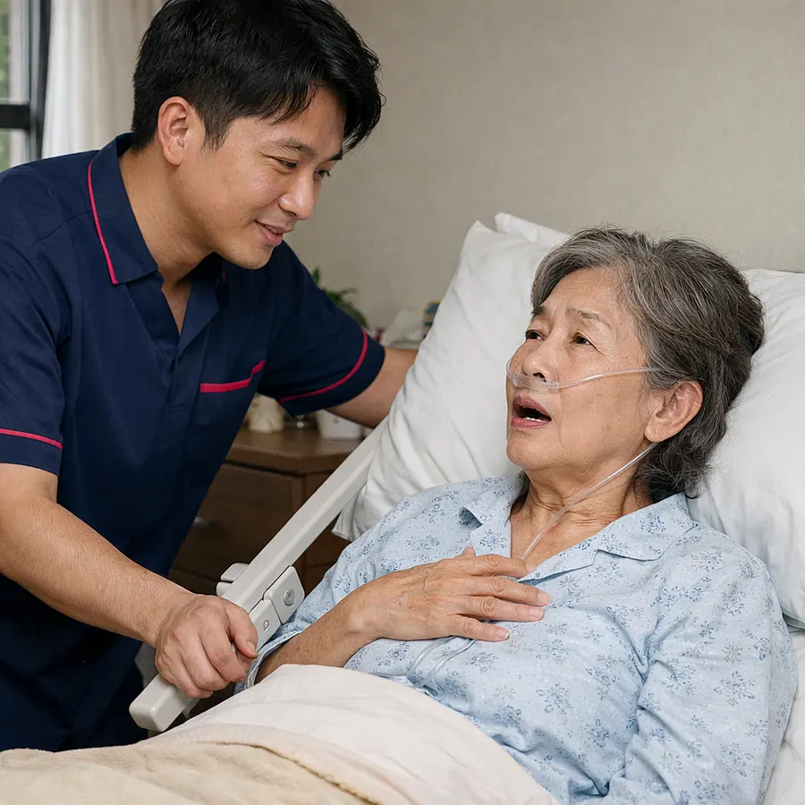 Realistic image of an Asian male caregiver in a 00072b tunic with e51974 accents raising the head of an adjustable bed for an elderly Asian woman struggling with breathlessness caregiver speaking gently and watching her face for comfort oxygen tubing visible window slightly open.