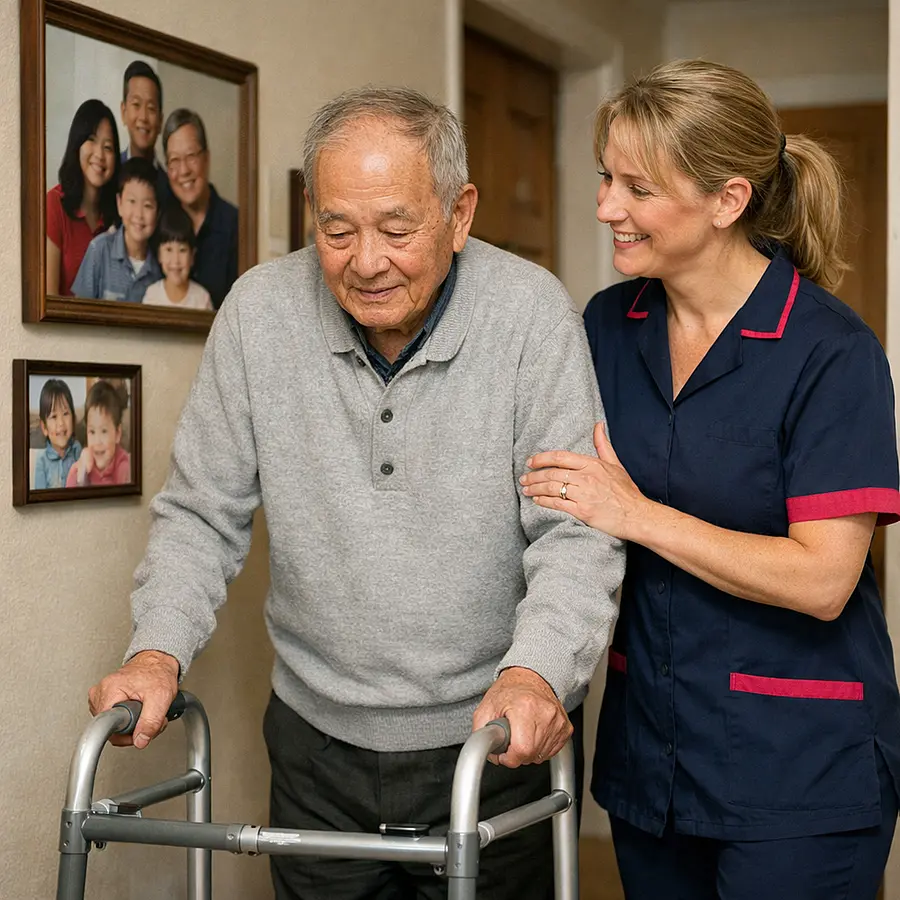 Realistic image of an elderly Asian man using a walking frame in his hallway while a white female caregiver in a 00072b tunic with e51974 details walks beside him gently guiding and encouraging him family portraits on the wall for a homely feel.