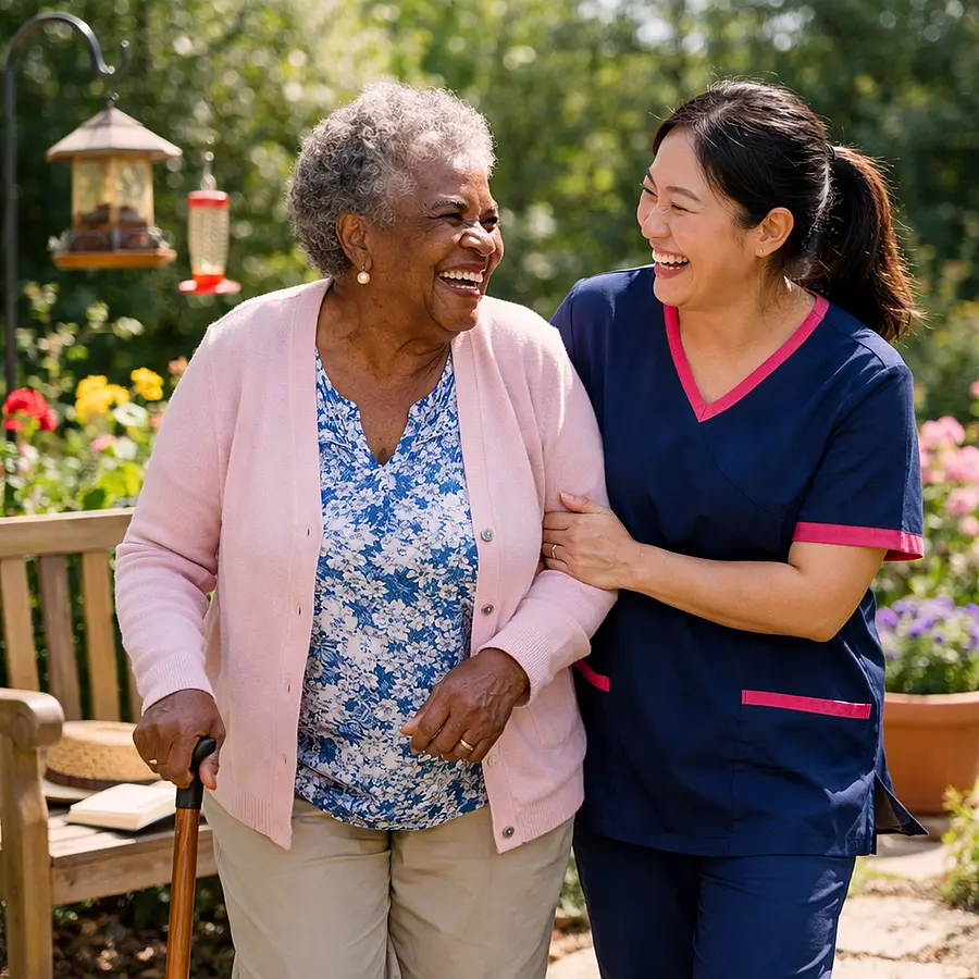 Realistic image of an elderly black woman being supported by an Asian female caregiver in a 00072b tunic with e51974 trim as they walk slowly to a sunny garden bench both laughing flowers and bird feeder in the background highlighting hobbies and gentle routine.