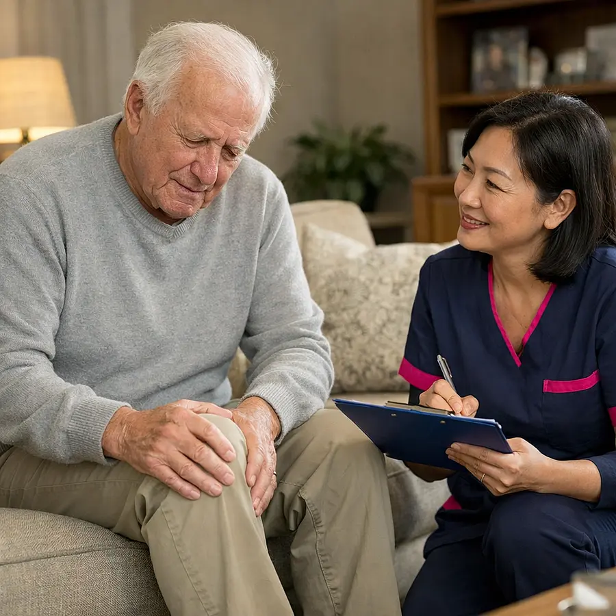 Realistic image of an elderly white man sitting on a sofa thoughtfully rubbing his knee with an Asian female caregiver in a 00072b tunic with e51974 accents kneeling nearby listening kindly and noting symptoms on a clipboard cosy living room setting.